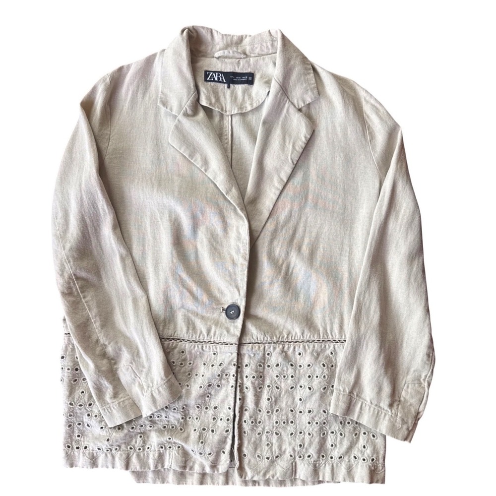 Zara Linen Blend Eyelet Blazer Women Small Beige Lightweight Boho Jacket EX